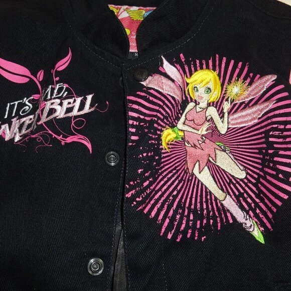 JH Designs Tinkerbell girls size 6 snap front jacket, black, pink, emblems VGC - Picture 4 of 9